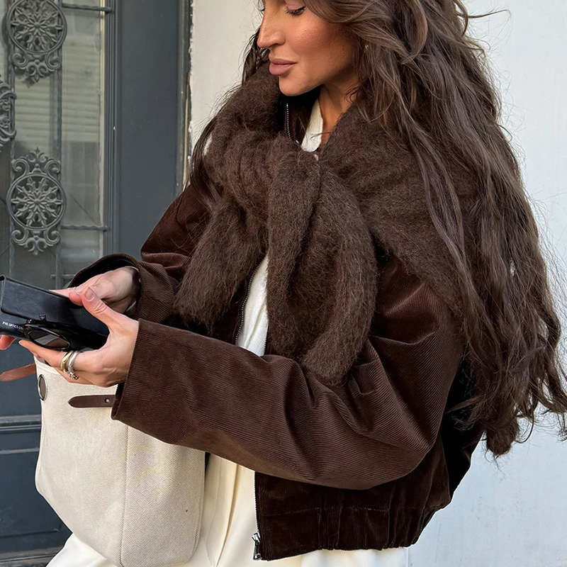 Tornova Retro Brown Jackets Coat Women's Lapel Zipper Long Sleeves Loose Coat Autumn Winter New Leisure Commuting Jacket