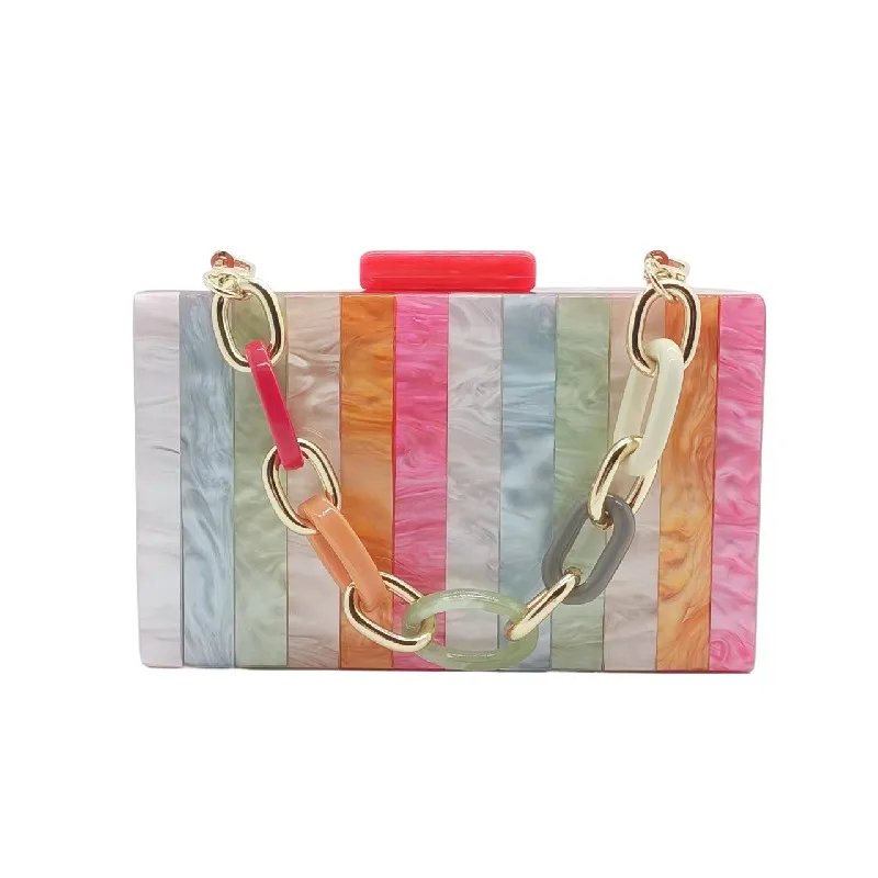 

Fashion Striped Patchwork Crossbody Acrylic Chain Bag Vintage Shoulder Evening Summer Designer Luxury Bags Women 2025 Clutch Bow
