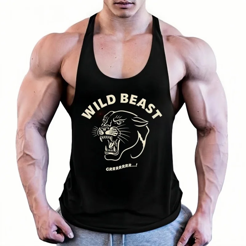 

Men's Bodybuilding Stringer Vest – Cotton Sleeveless with "Wild Beast" Panther Print, Gym Fitness Muscle Tank Top Sportswear