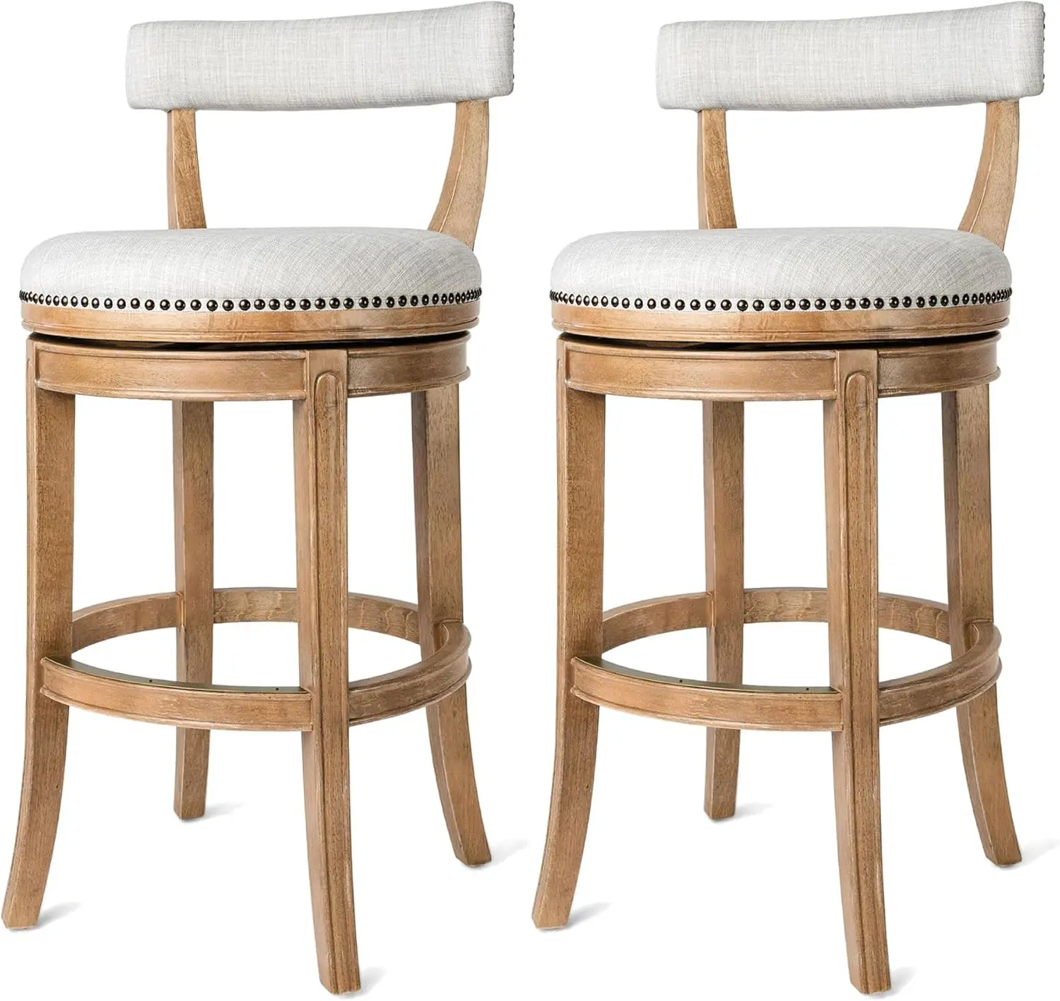 Maven Lane Alexander 31 Inch Tall Bar Height Rotating Low Back Barstool In Weathered Oak Finish With Sand Color Fabric