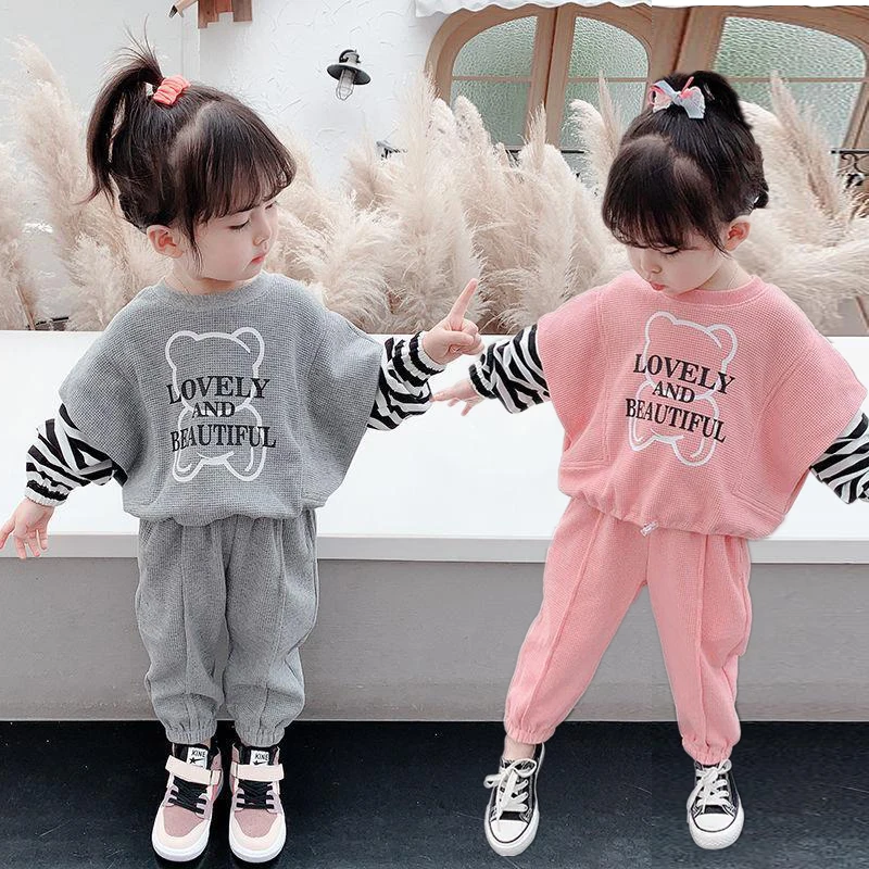 

Girls Pink Hoodies Set Spring Autumn Cartoon Toddler Sets Patchwork Kid Tracksuit Korean Kid School Set Outfit Hoodies and Pants