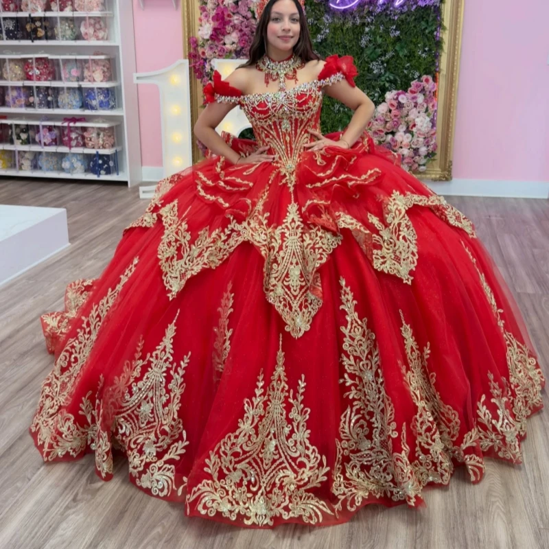 

Red Shiny Ball Gown Quinceanera Dresses Gold Applique Lace Beading Crystal Tull Bow Corset Off Shoulder Sweet 16 Dress vestidos
