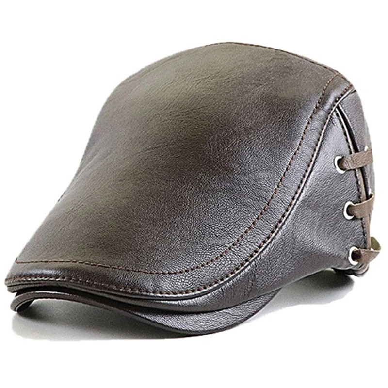 Fashion PU Leather Caps Windproof Man Beret Bandage Hat Spring Flat Cap Casquette Warm Side Strap Boina Masculina