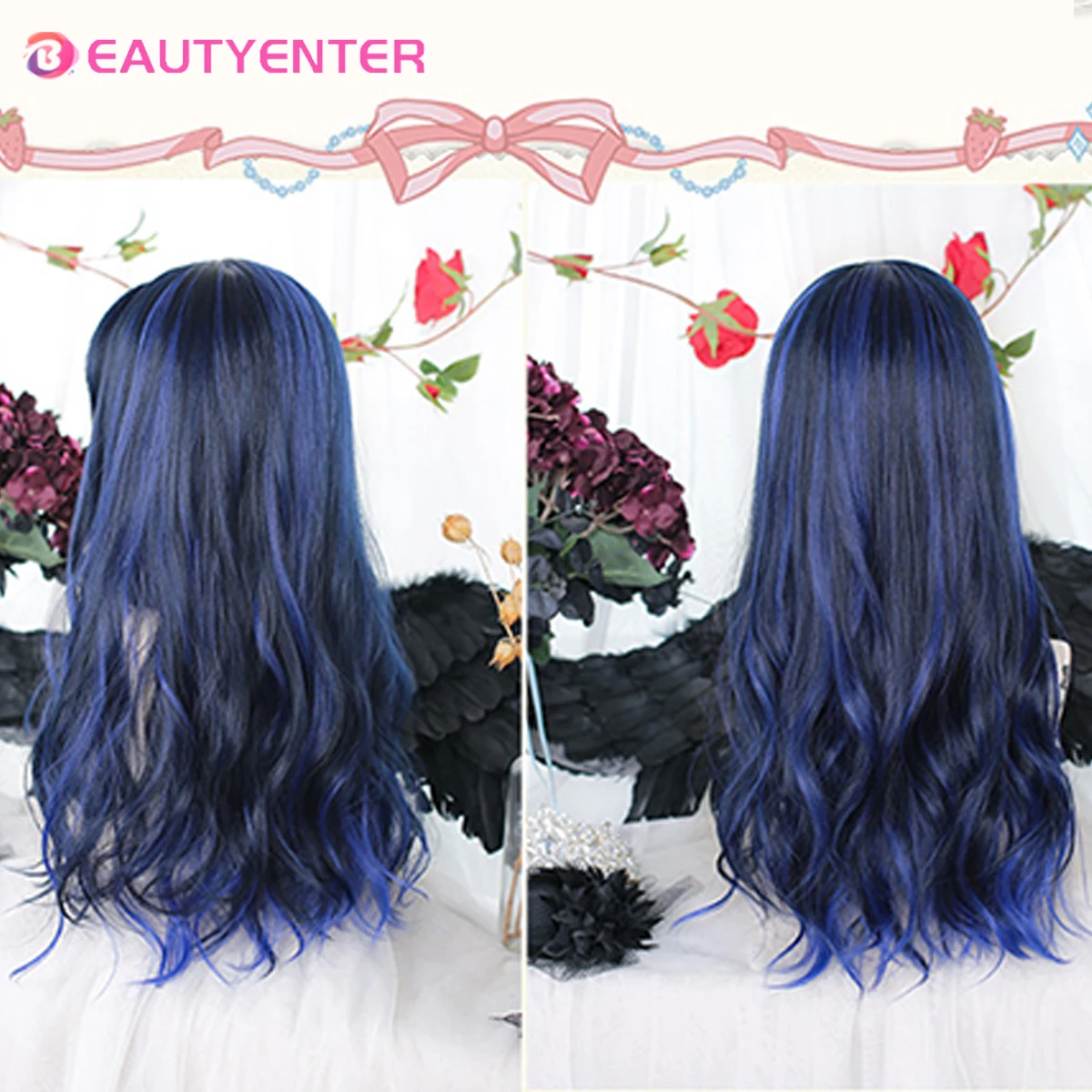 Synthetic wig Lolita wig Blue highlight black large wave curls Natural long hair curls For Cosplay With Bangs