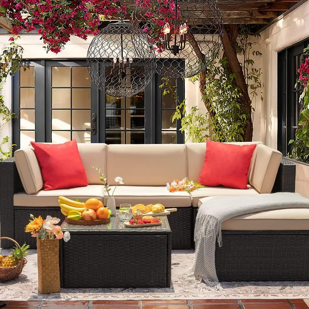 5 Piece Patio Furniture Set Wicker Outdoor Sectional Sofa with Thick Cushions & Tempered Glass Table Patio Couch Conversation