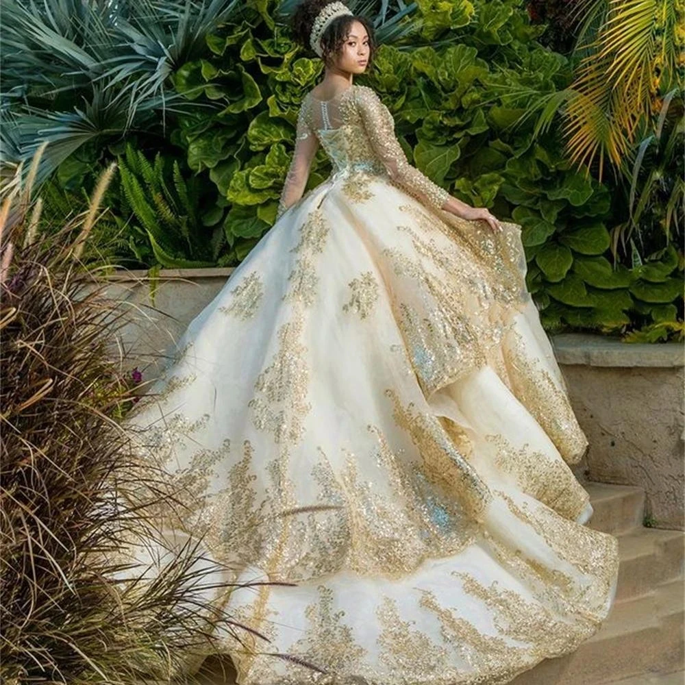 ANGELSBRIDEP Tiered Tulle ชุดไปงานเต้นรำ Quinceanera ชุด2023 Gold Appliques แขนยาว Xvideo 16 Anos Meninas De 15 Anos สื่อลามก