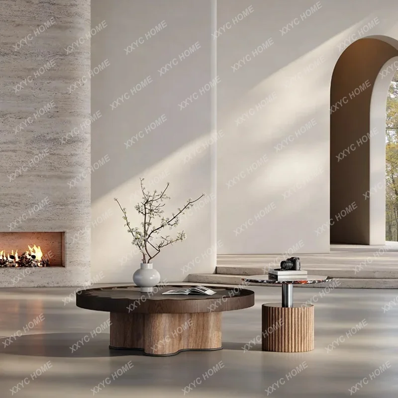 XX Medieval style round coffee table combination creative walnut retro art minimalist living room small apartment