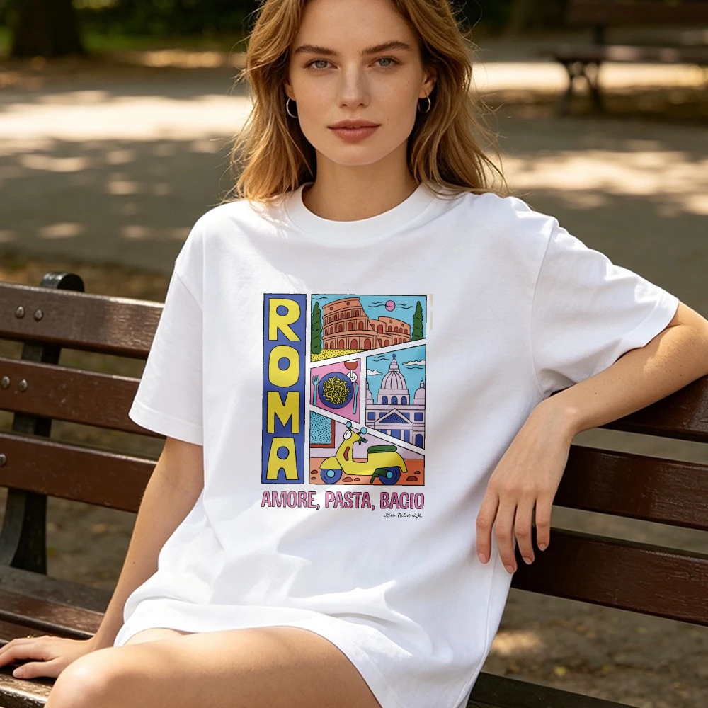 Trendy Roma Amore Pasta Bacio Graphic Tee Funny Colosseum Italian Iconic Travel Souvenir Unisex Tops Fashion Harajuku Streetwear