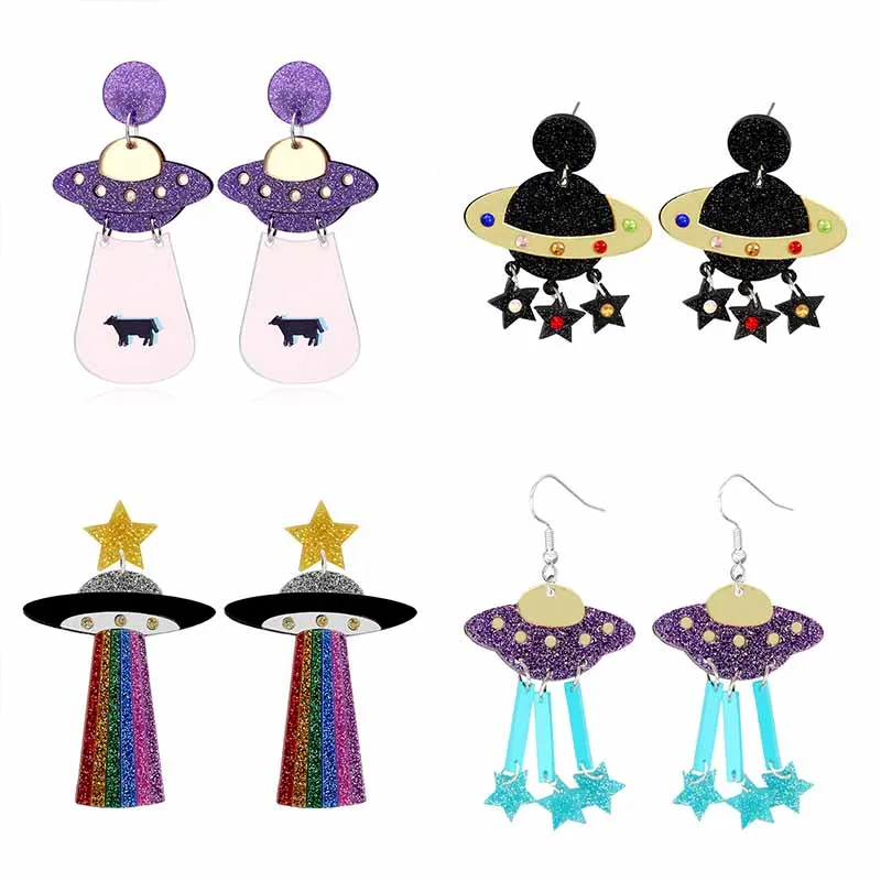 New Personalized Splicing Earrings Nightclub Bar Exaggerate Fun Funny Earrings UFO Spacecraft Alien Acrylic Earrings