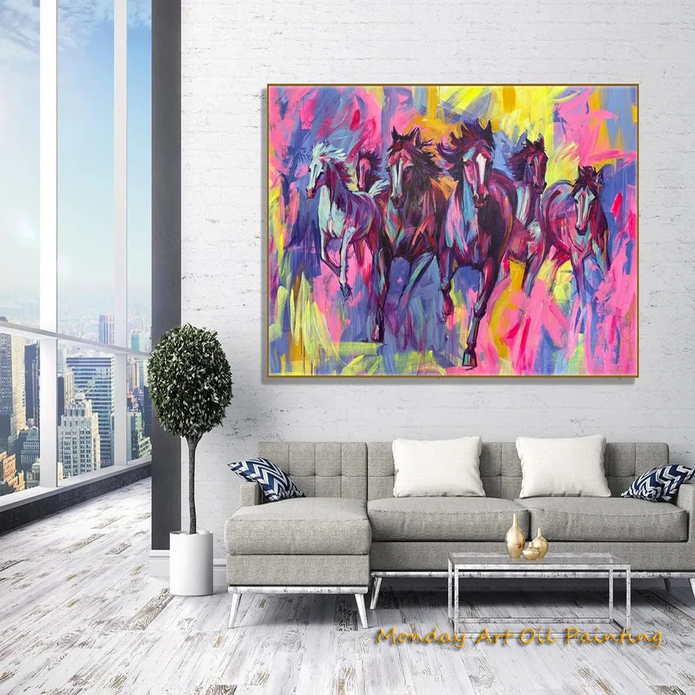 Hand Painted Oil Painting Running Horses Acrylic Abstract Original Animal Painting On Canvas Textured Wall Art For Home Decor