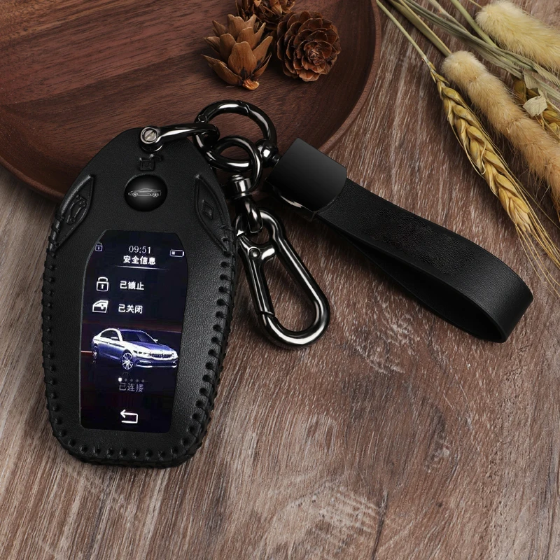 Genuine Leather Car Remote Key Case Cover for BMW  5 6 7 Series  i8 X7 X6 LCD SCREEN Smart Key Porch