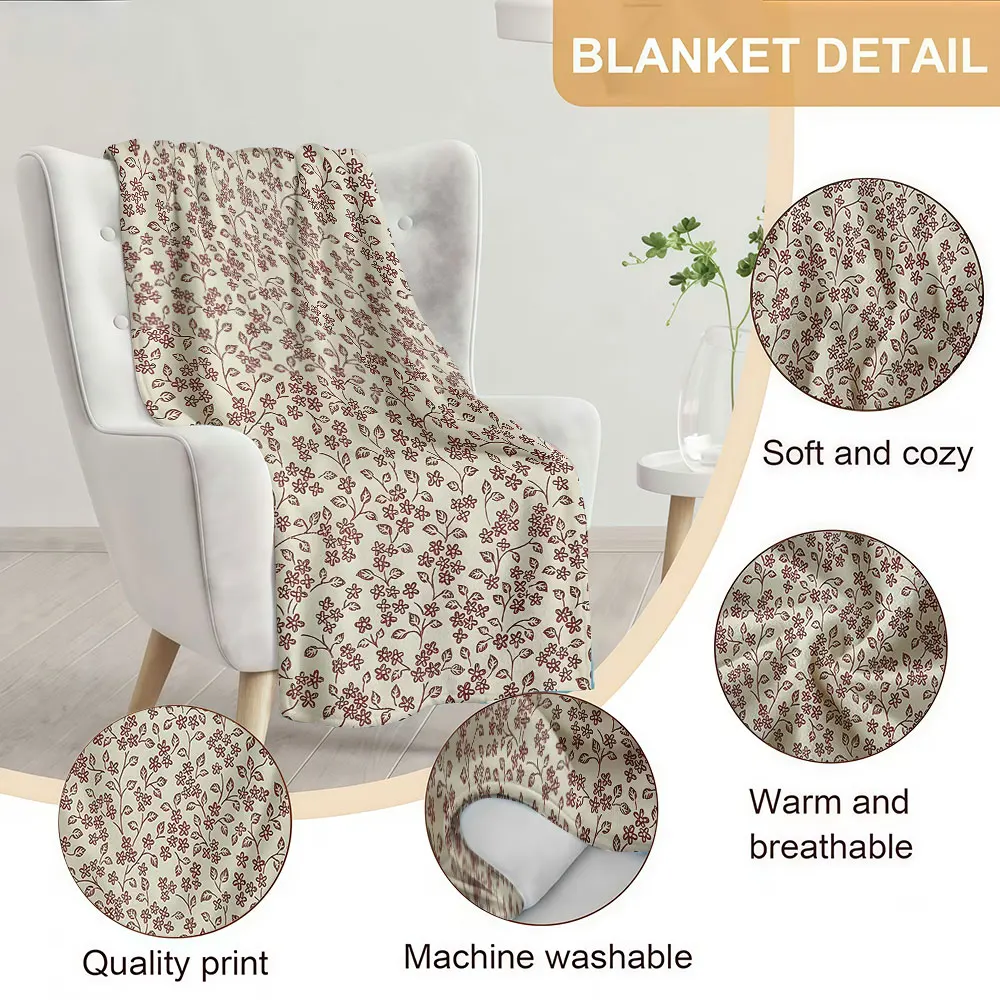 burgundy ditsy floral white Soft Warm Flannel Blanket Lightweight Cozy Christmas Halloween Home Decor Room