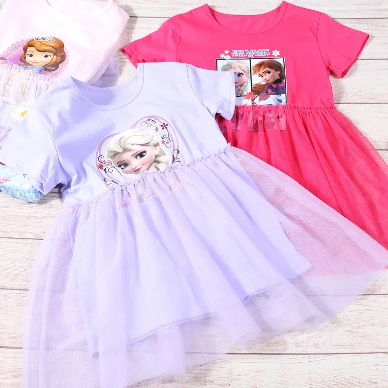 Disney Baby Girls Dresses Cartoon Frozen Anna Elsa Sophia Print Princess Mesh Dress Cotton Baby Clothes Girl Ball Gown Costumes