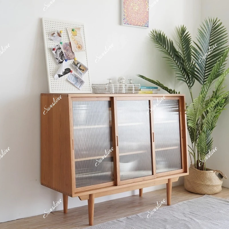 

Nordic glass, solid wood side cabinet log, simple modern drawer cabinet