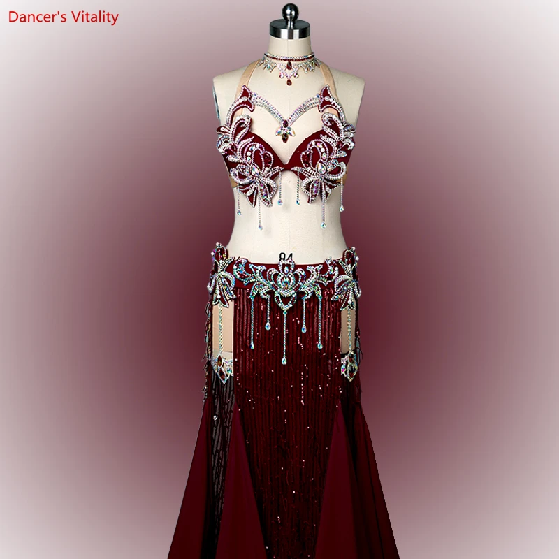 Belly Dance Competition Costume Set for Women Cusomzied Adult Children ABStones Tassel Sequin Fishtail Skirt Set Oriental Outfit