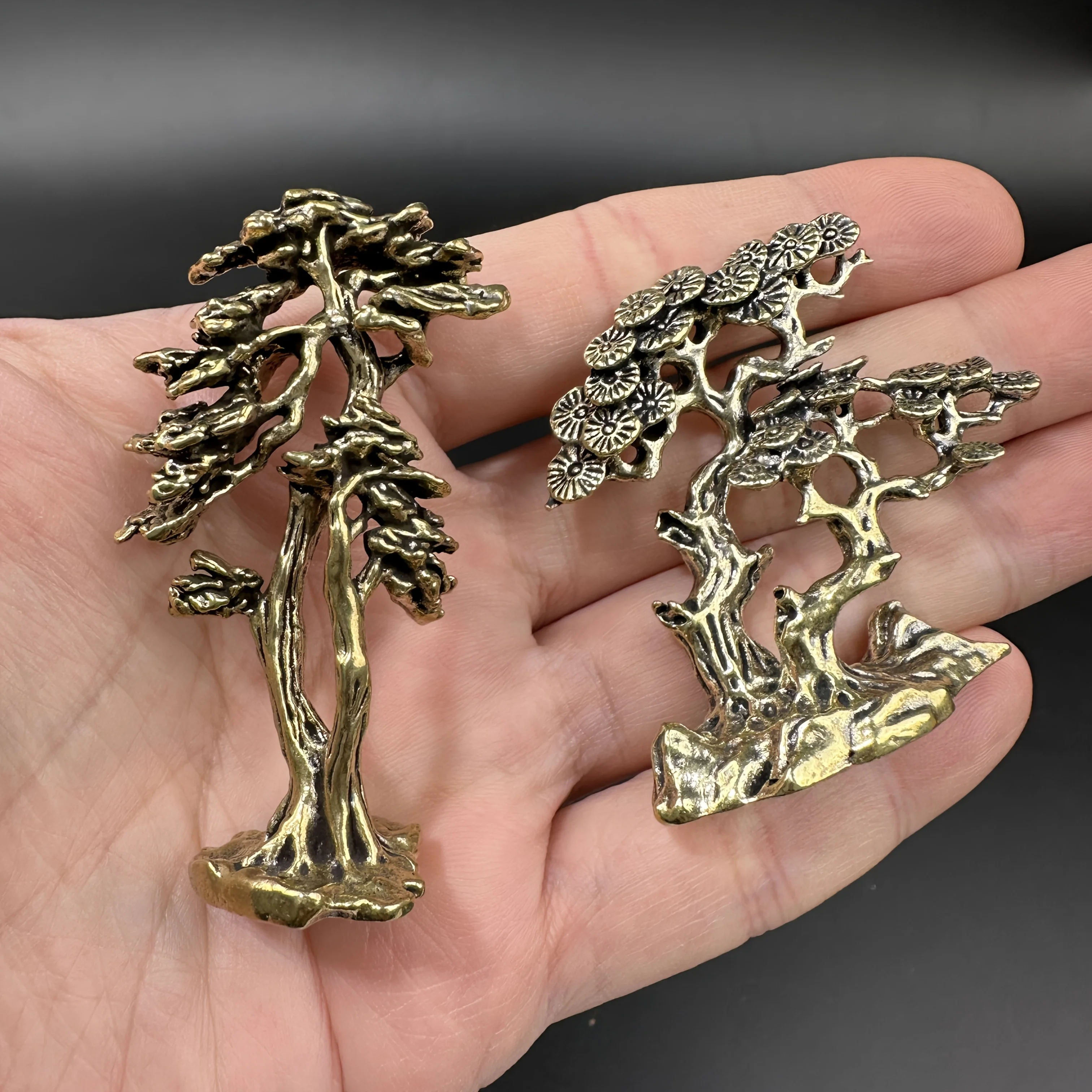 2 pieces classic brass money tree ornaments, home and office desk feng shui ornaments, forest plant theme