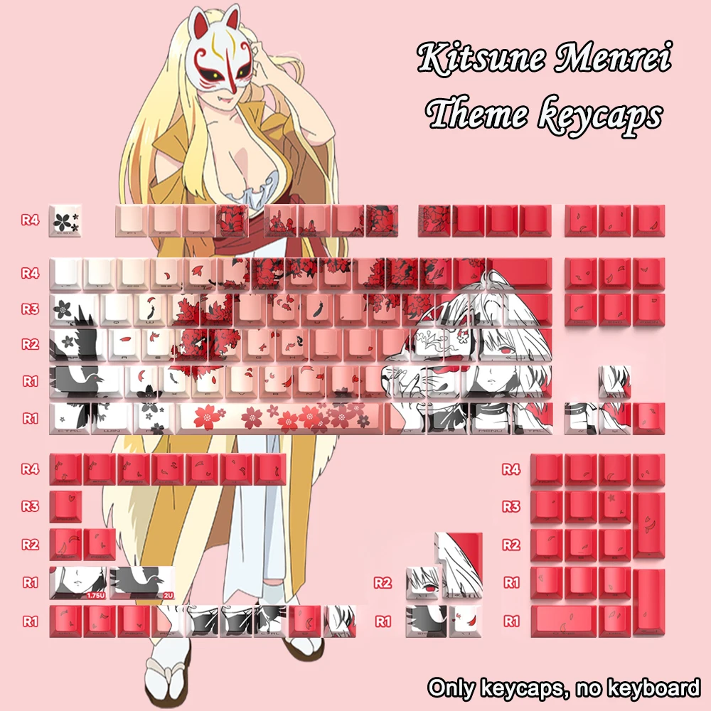 

Колпачки для клавиш Kitsune Menrei в стиле аниме, 129 клавиш, японский мультяшный боковой принт, блеск через профиль PBT, вишневый колпачок для клавиатуры, механическая колпачок для клавиатуры