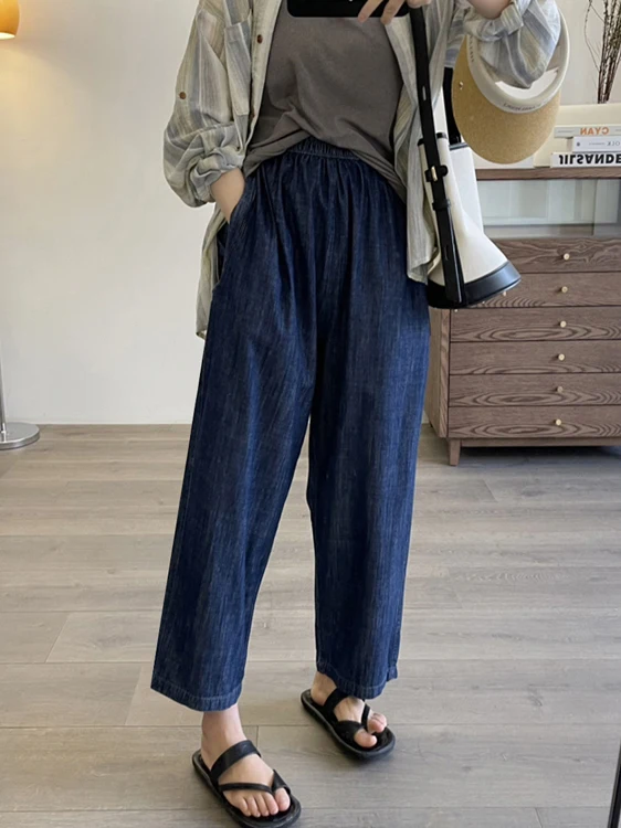 Celana Jeans Kaki Lebar Pinggang Tinggi Celana Denim Pelangsing Tipis Musim Panas Wanita Celana Jeans Bootcut Sembilan Poin Kasual Longgar