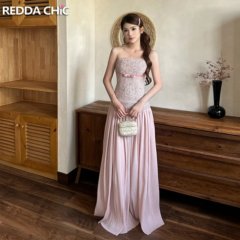 

ReddaChic Women Glitter Tweed Party Gown Birthday Strapless Bow Shirred Maxi Chiffon Stitch Bandeau Gown Dress Evening Costume