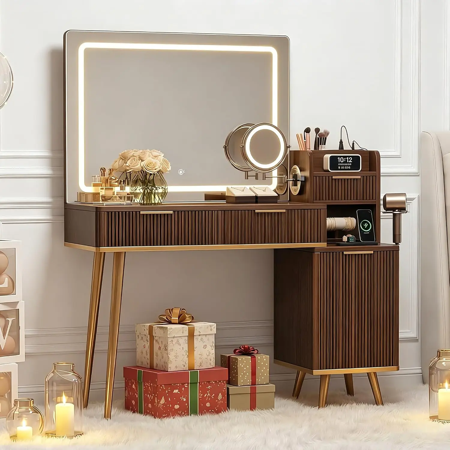 Makeup Vanity Desk with HD & 5X Magnifying Mirror and Lights, 47'' Make up Vanity, Fluted Glass Top Dressing Table w/Power Outle