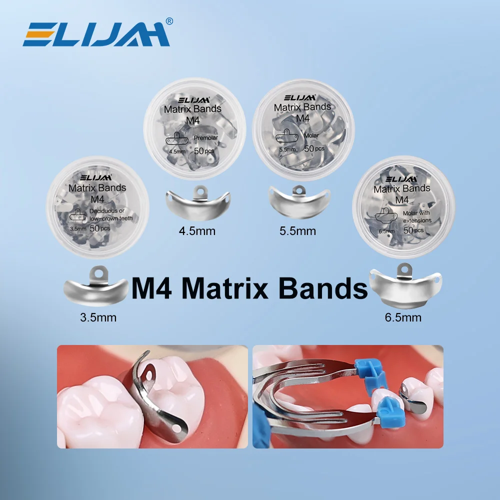 

ELIJAH 50 шт./кор. M4 стоматологические матричные ленты 3,5/4,5/5,5/6,5 мм антипригарные эластичные секционные контурные металлические матрицы стоматологические материалы