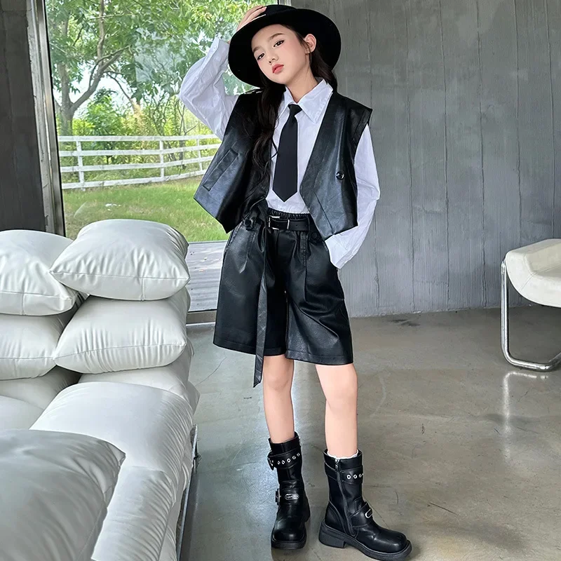 Girls Suit 2024 Autumn New Childrens Wear Korean Style Foreign Style Leather Vest Leather Shorts Two-piece Casual Simple Daily image 4