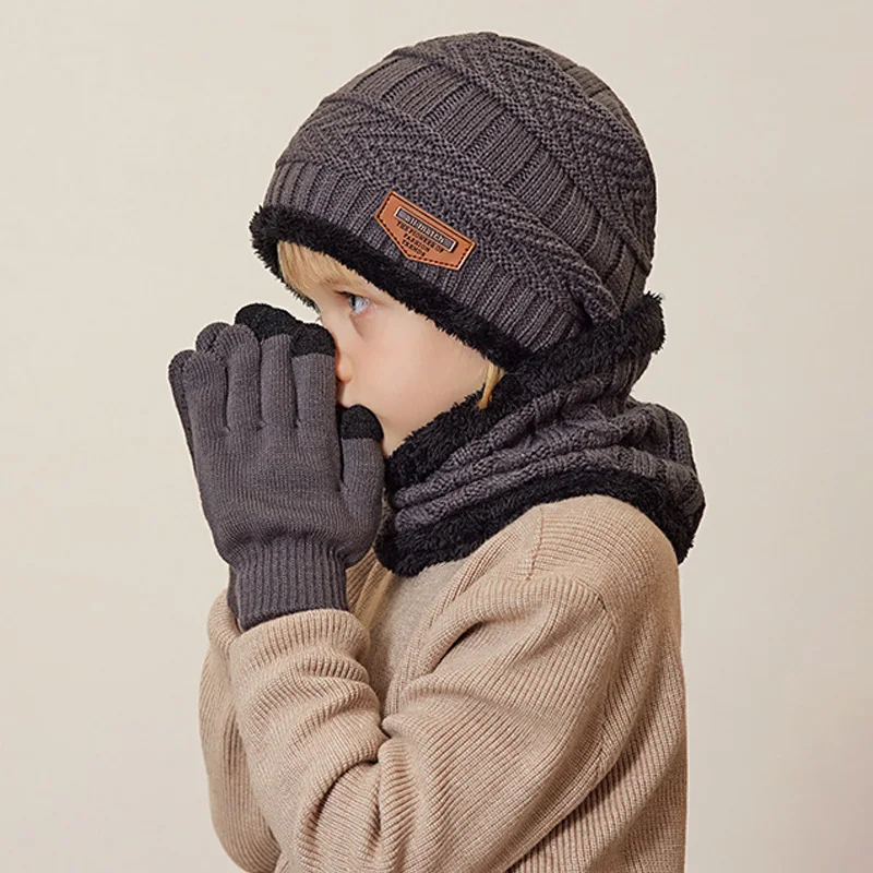 Gorro para niños, bufanda, conjunto de guantes, gorros de lana tejidos para bebés, además de bufandas cálidas de terciopelo para el cuello, moda de