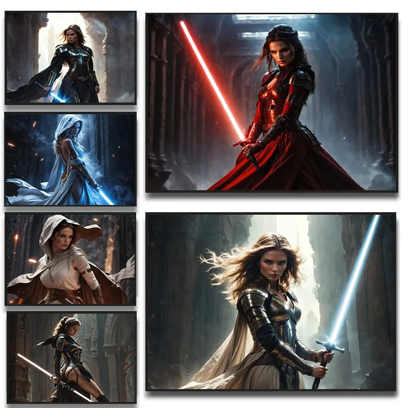 Glowing Neon Femme Fatale Canvas Art Sci-Fi Warrior Lightsaber Futuristic Armor Poster Man Cave Gaming Room Home Theater Decor