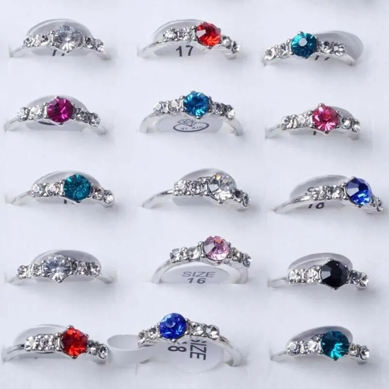 10pcs/Lot Shiny Crystal Silver Color Rings For Women Mix Style Colorful Rhinestone Female Wedding Engagement Jewelry Gift