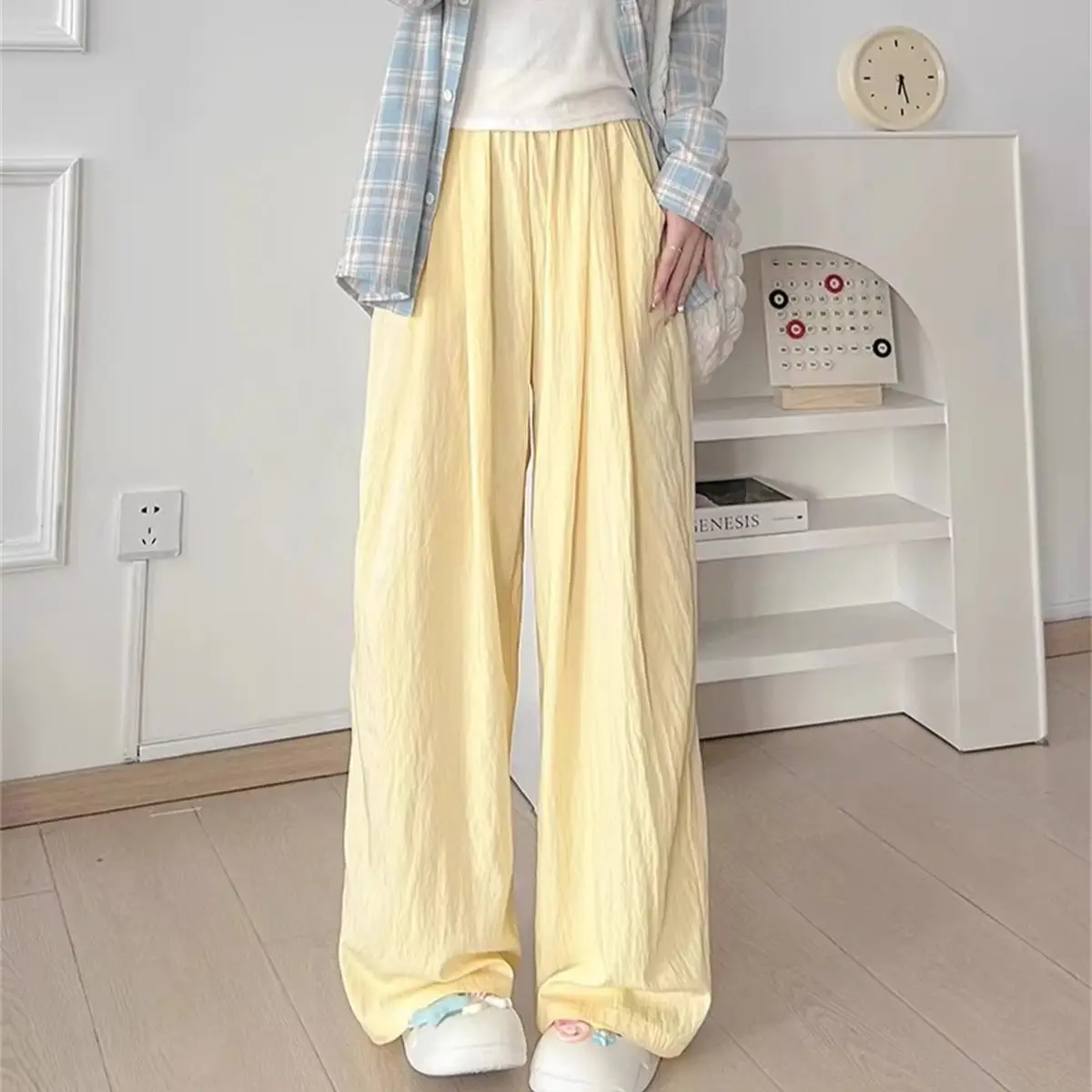 Women Thin High Waist Pant Solid Summer Fashion Comfortable Straight Trousers Elastic Waist Wide Leg Pants 2026 Casual Clothes