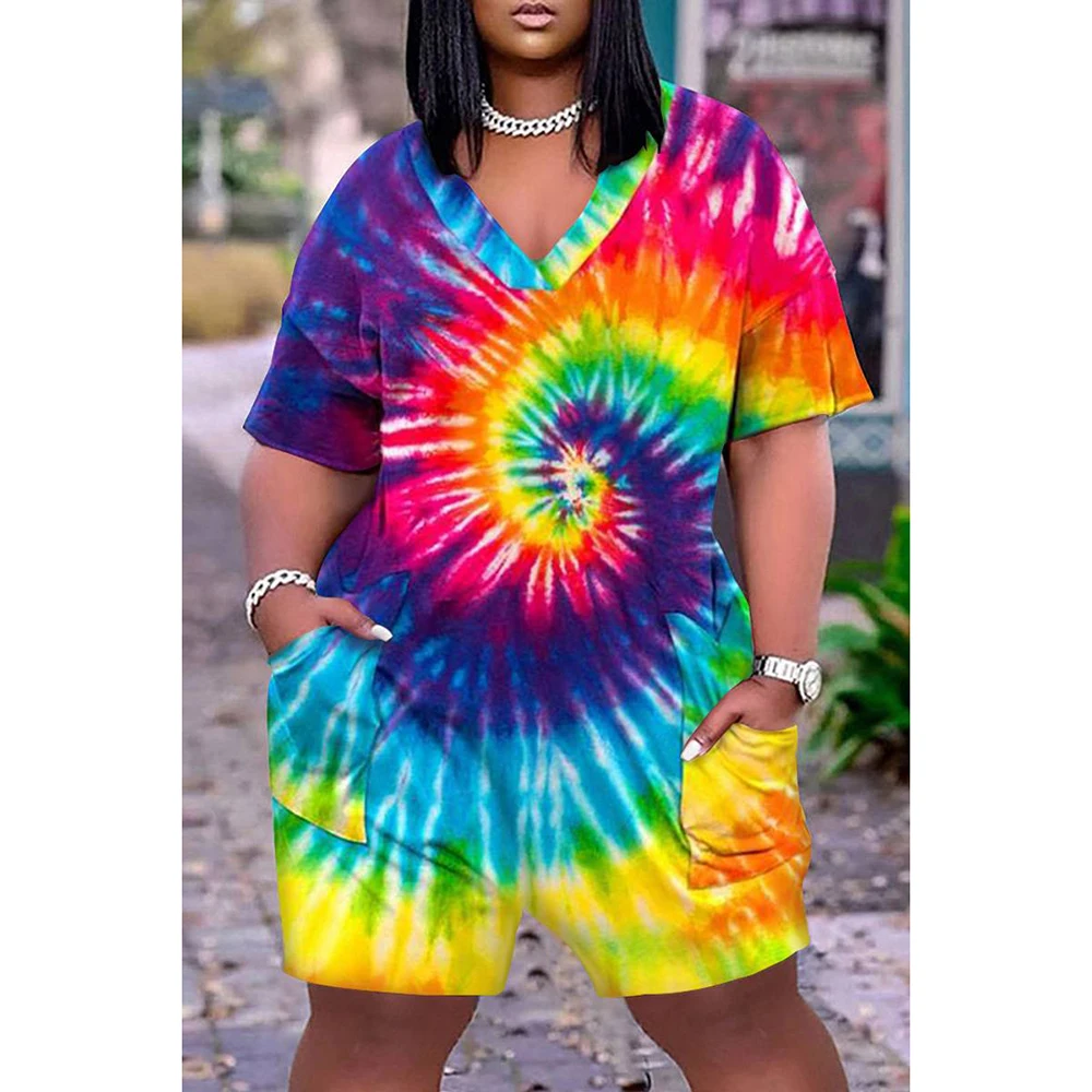 Macacão de impressão diário tie-dye, decote em v, bolso do arco-íris, Multicolor, mangas meia, plus size