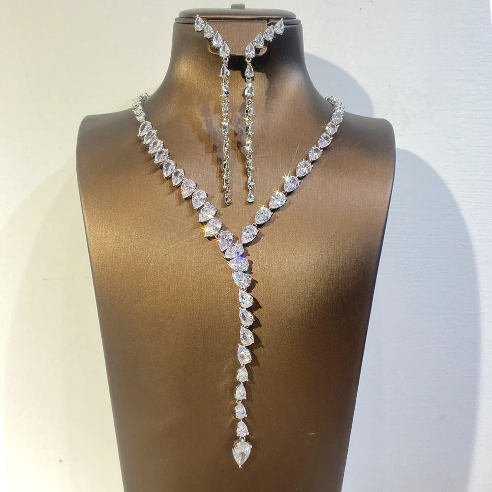 

2024 Fashion Zircon Pendant Choker Water Drop for Women Vintage Clavicle Chain Crystal Collar Necklace Bridal Jewelry Sets Gift