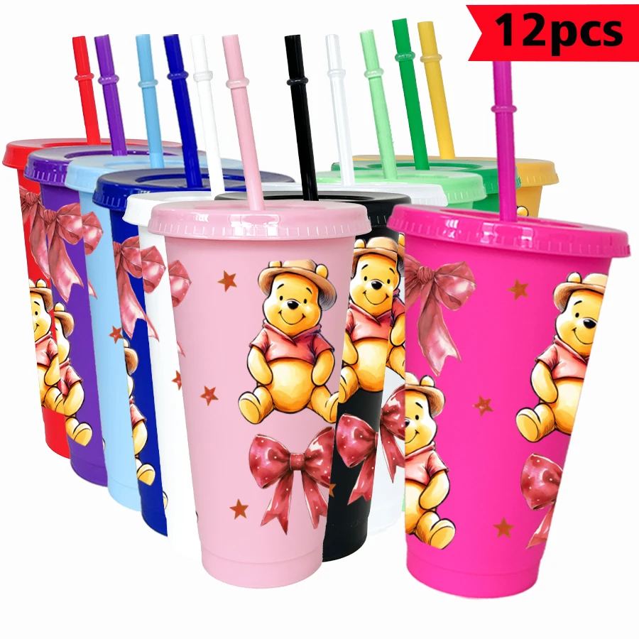 

12 pcs/pack Disney, Winnie the Pooh, Bow 26oz Colored Plastic Tumbler Birthday Party Drinking Utensils Juice Coffee Mug