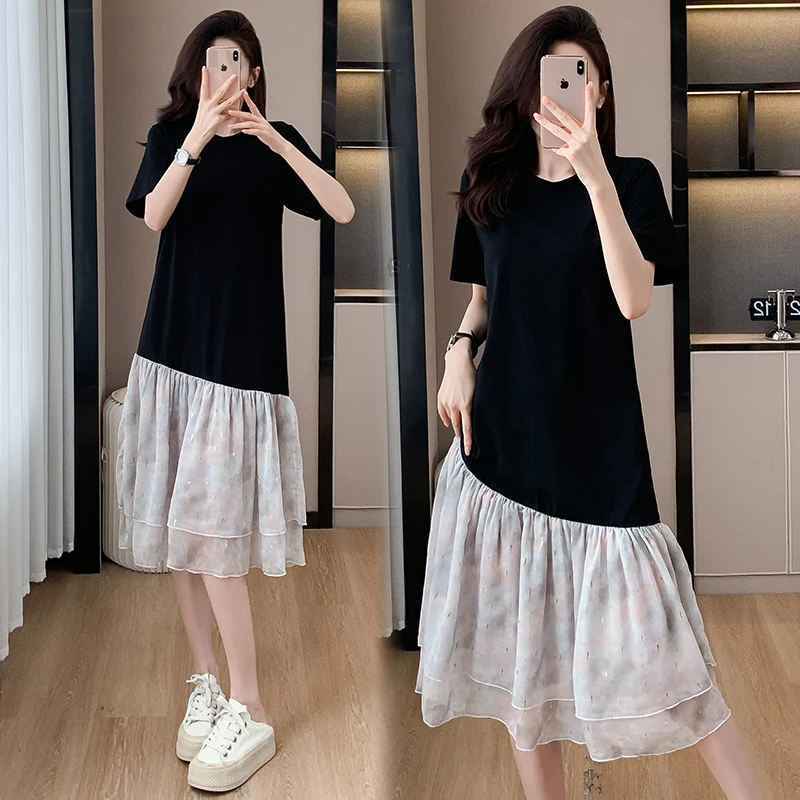 Women Cotton Long T-shirt Dresses Summer Female O Neck Short Sleeve Large Size Elegant A Line Black Mesh Patchwork Fishtail Robe