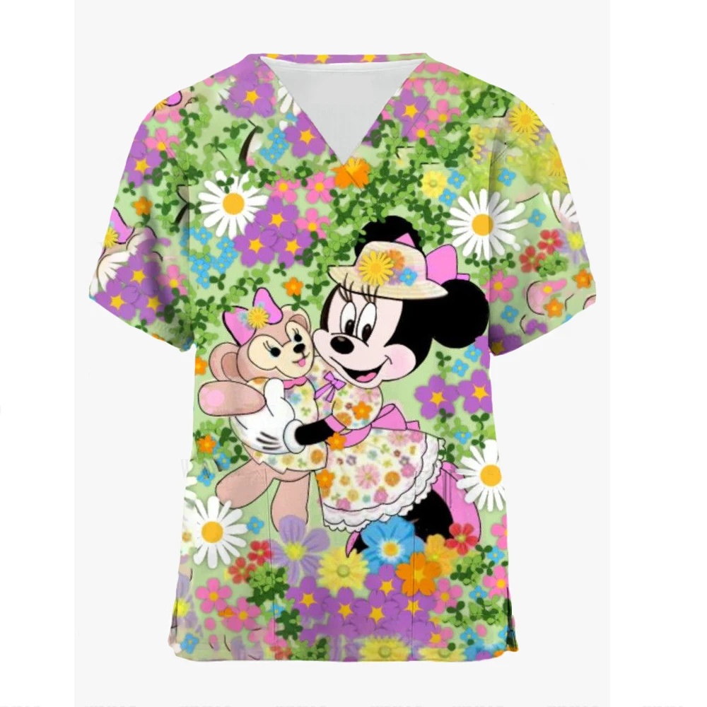 Tops Women Scrub Nurse Disney Mickey Mouse Cartoon V-Neck Tops Working T-Shirt Minnie Print Healthcare Tunic Carers Workwear Top