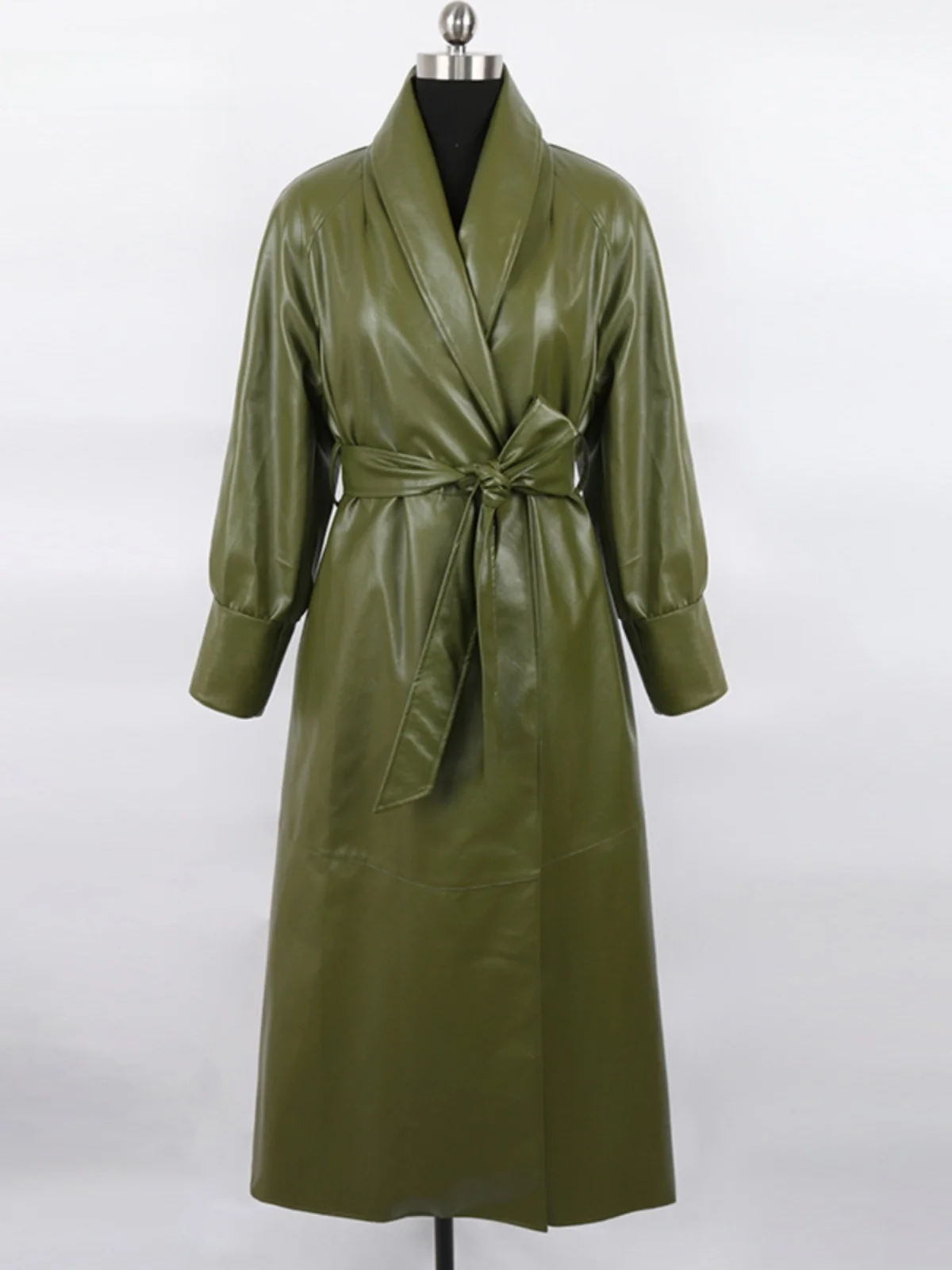 Nerazzurri Vintage Women's Long PU Leather Jacket Fashionable Spring New Style Belted  Green Collar Coat Commute Style