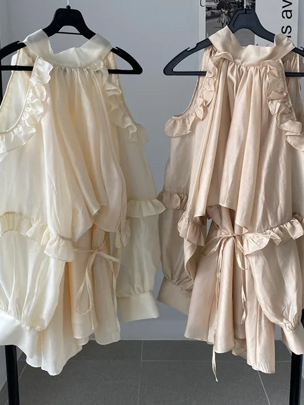 Vestido curto e com ombro à mostra, dongda gate ins, exclusivo, borboleta, nó, borda, vestido de férias, f, cor...