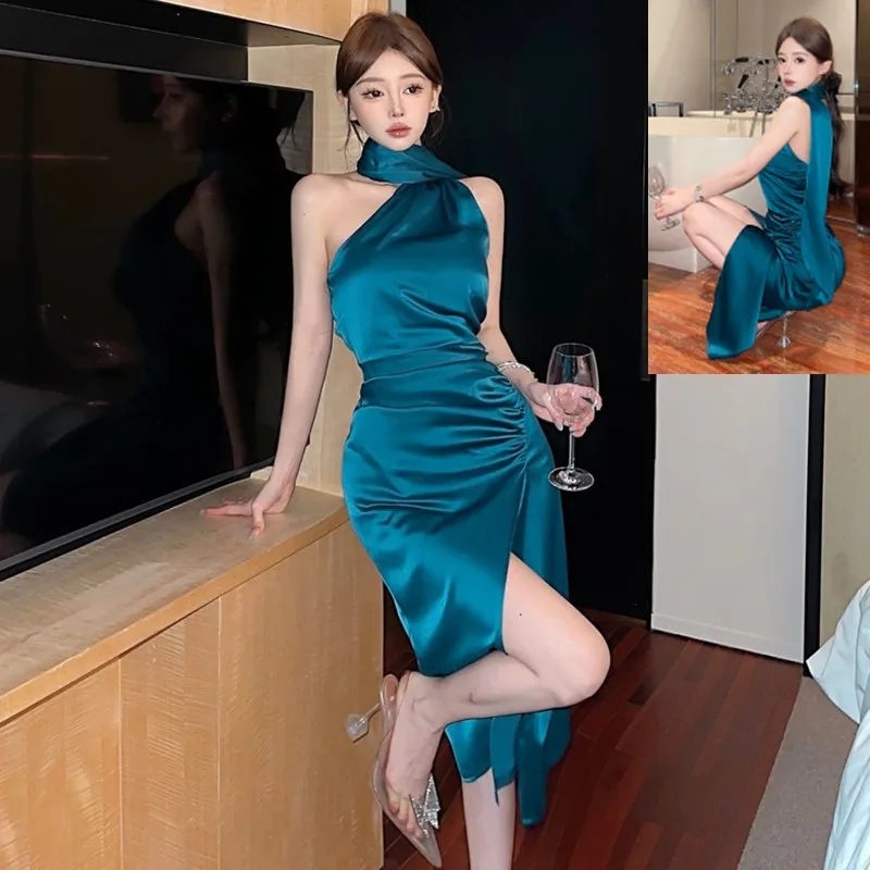 エレ 秋冬 韓国風 スリムフィット シングルショルダー ドレープ レディース ミディアム丈 アシンメトリーヘムライン オープン スリット ドレープ