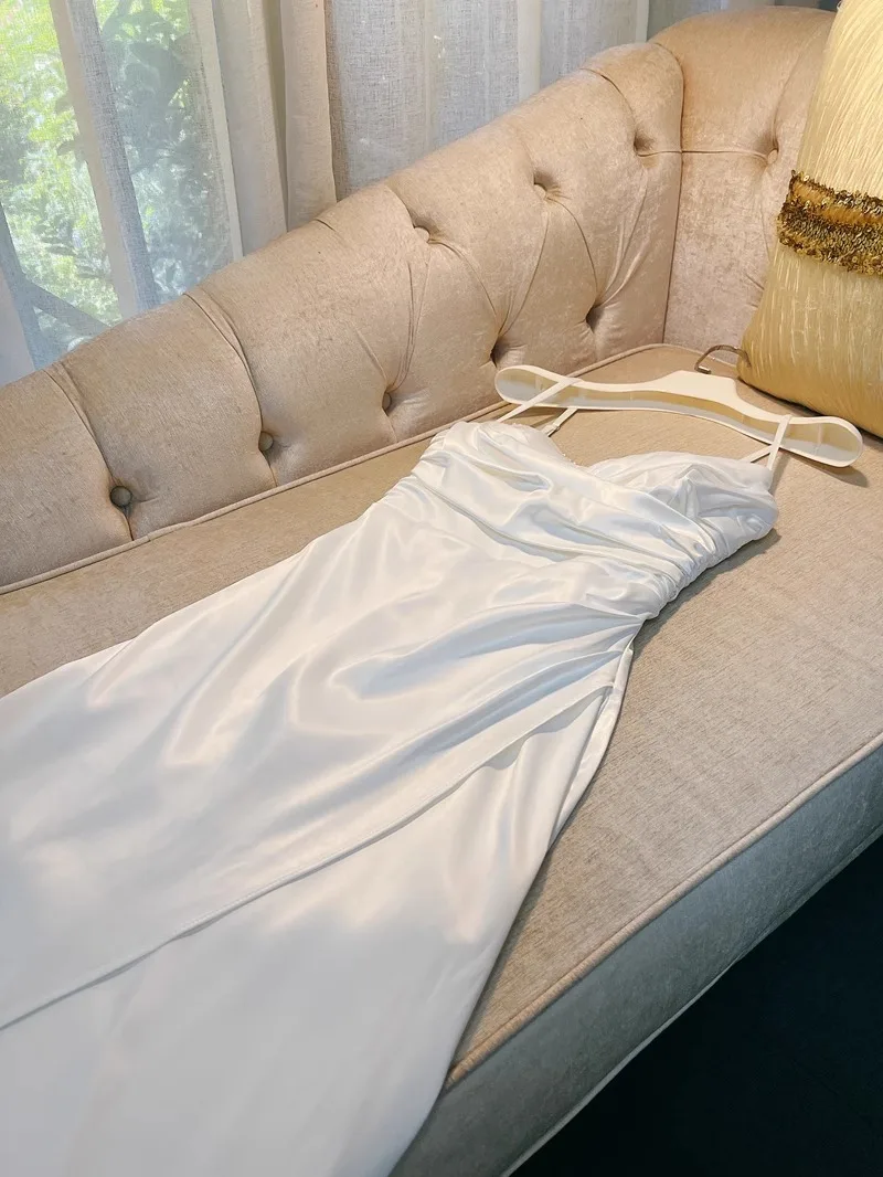 Ele branco plissado strapl dr feminino outono novo sle emagrecimento diamante colarinho vestido de baile longo dr tecido de cetim macio