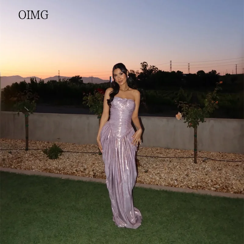 

OIMG Purple Flower Strapless Mermaid Prom Gowns Backless Pleated Party Gown Floor Length Evening Dress فستان سهرة Customized