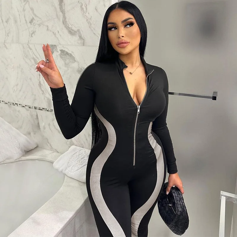 

Faionable Patchwork Yoga Onesie Women's Slim Fit Long Sve Jumpsuit Street Sle New Arrival Autumn Winter Zipper Trousers
