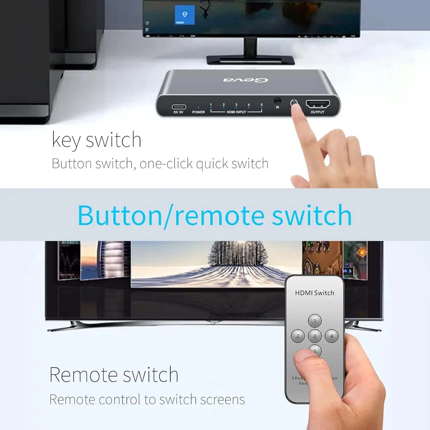 HDMI switch 5 in 1 Out HDMI switcher Five in one Out switcher HD Signal Remote Control Switch for Computer TV Monitor Projector