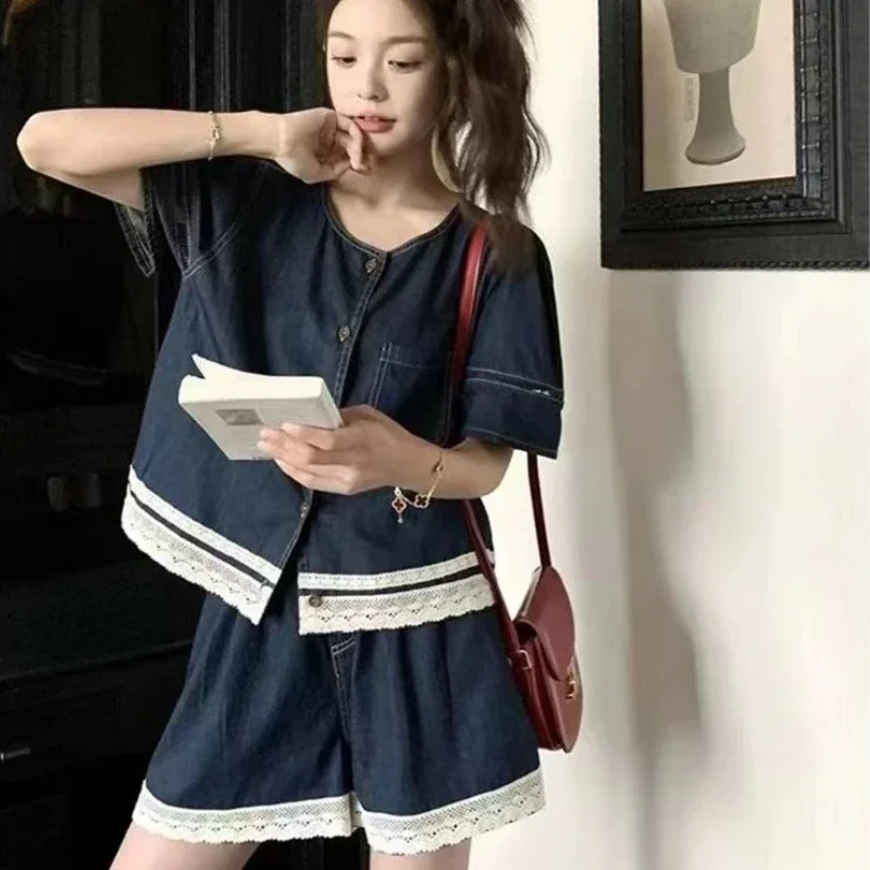 

Summer Denim Female Shorts Shirts & Blouses Work Wear Baggy Plain Women's Short Sets 2 Pieces Classic Korean Style Complete Two