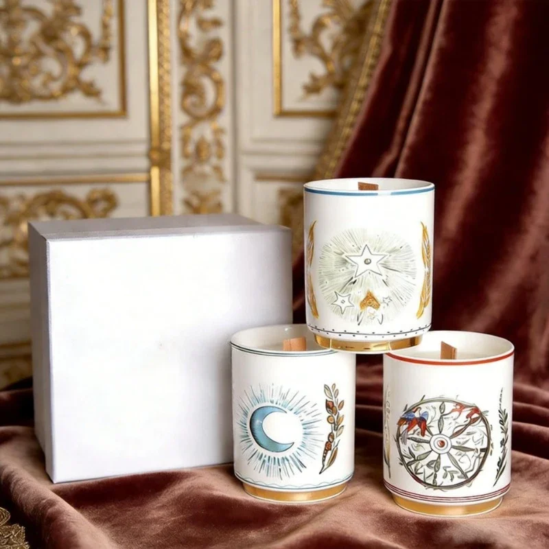 Nordic Illustration Style Scented Candle Hand-Painted Retro Moon Star Ceramic Candlestick High-Quality Gift