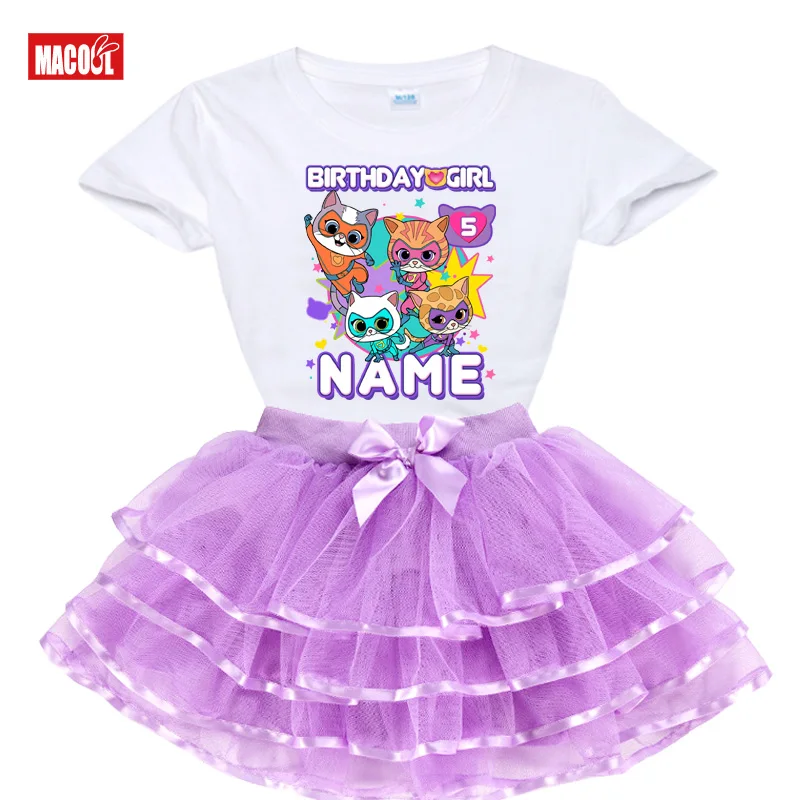 

Super Kit Girls Birthday Tutu Dress Set Birthday Party Shirts Girl Dress Set Party T-shirt Child Suits Custom Name Outfits 6th