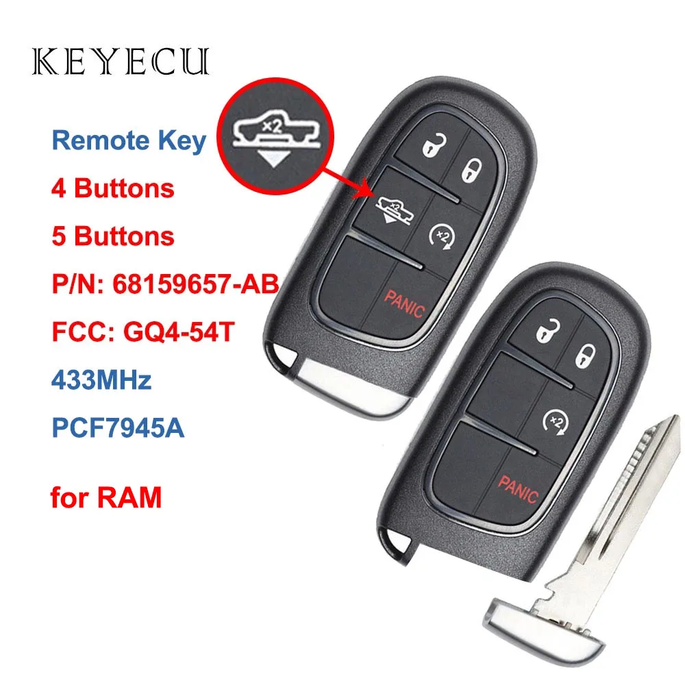 

Replacement Remote Key Fob 4 5 Buttons 433Mhz with PCF7945A Chip for RAM 1500 2500 3500 2013-2019, FCC: GQ4-54T, 68159657-AB