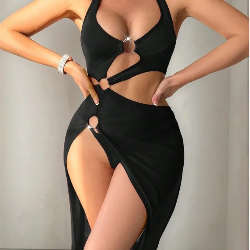 Sexy women's nightgown, swimsuit without back exposure, pure color sexy bikini suit, women's slit long dress.