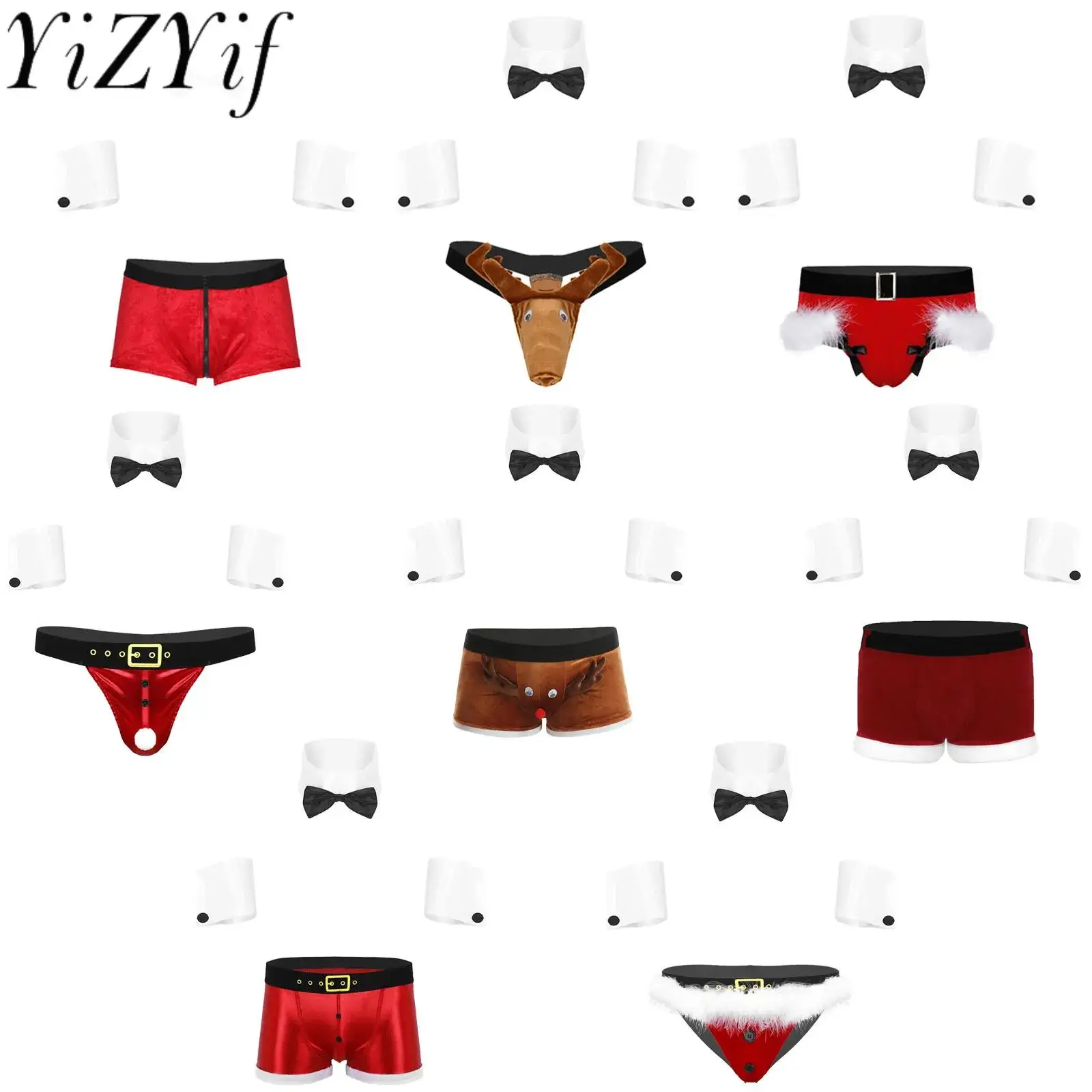 Costume da gioco di ruolo natalizio da uomo Set di lingerie sexy Abiti da ballo per club Polsini con colletto con pantaloncini a vita bassa Mutande Intimo