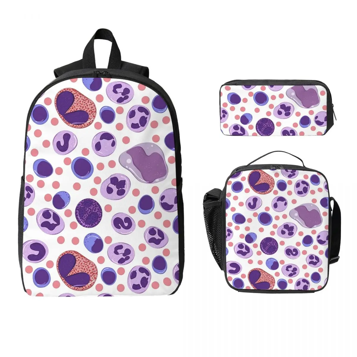 

Large White Blood Cell Pattern Backpack Student BookBag School Bag Computer Shoulder Bags 3ps Insulated Lunch Bag Pencil Case