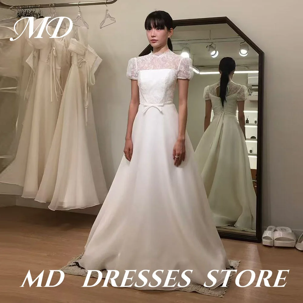 

MD Elegant A-line White Wedding Dresses Short Sleeves Korea Photo shoot Floor-Length Modest Dress for Bride 웨딩드레스 Customized